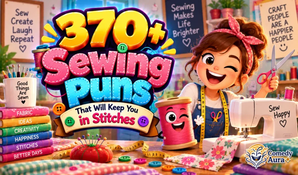 Colorful thumbnail featuring bold 3D “Sewing Puns” text with a smiling cartoon needle and thread for a sewing puns article.