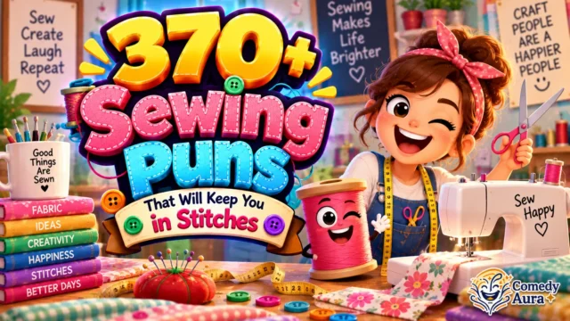 Colorful thumbnail featuring bold 3D “Sewing Puns” text with a smiling cartoon needle and thread for a sewing puns article.
