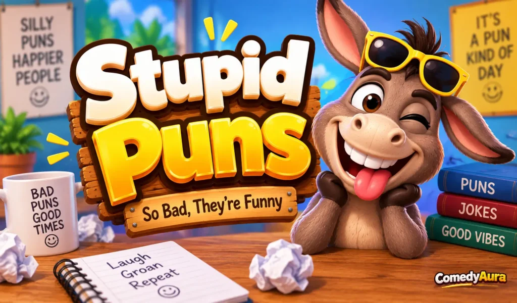 Colorful stupid puns thumbnail with bold 3D title, goofy cartoon mascot, and playful comedy background.
