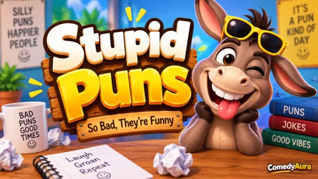 Colorful stupid puns thumbnail with bold 3D title, goofy cartoon mascot, and playful comedy background.