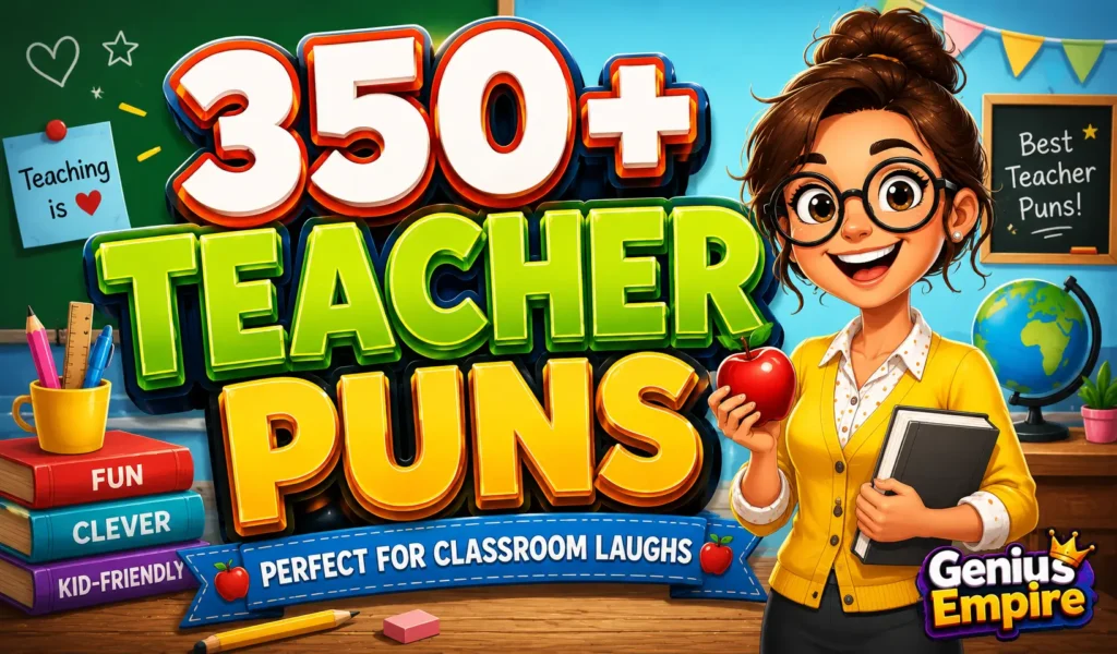 Colorful teacher puns thumbnail with bold 3D text, smiling cartoon teacher, classroom supplies, and Genius Empire branding.