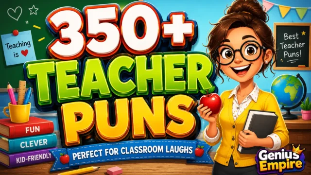 Colorful teacher puns thumbnail with bold 3D text, smiling cartoon teacher, classroom supplies, and Genius Empire branding.