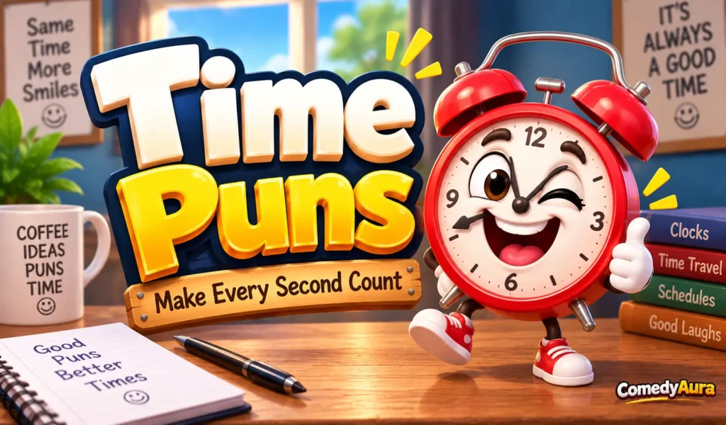 Colorful time puns thumbnail with bold 3D title, smiling alarm clock mascot, and playful desk background.