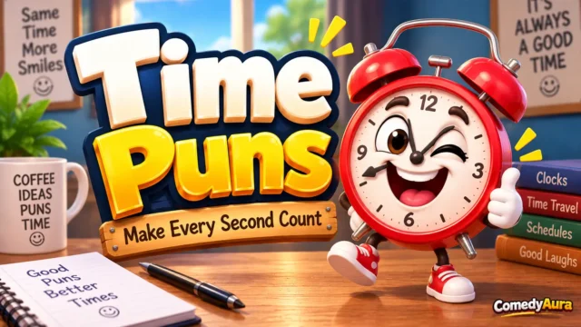 Colorful time puns thumbnail with bold 3D title, smiling alarm clock mascot, and playful desk background.