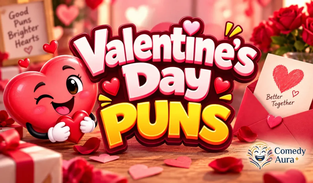 Valentine's Day puns thumbnail with a cute heart character, roses, and bold 3D Valentine’s Day puns text