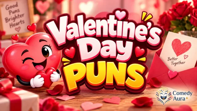 Valentine's Day puns thumbnail with a cute heart character, roses, and bold 3D Valentine’s Day puns text