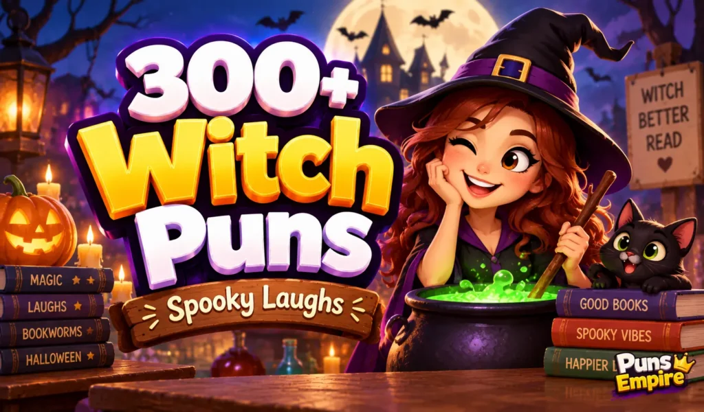 Colorful witch puns thumbnail with bold 3D text, a cheerful cartoon witch, black cat, and Puns Empire branding.