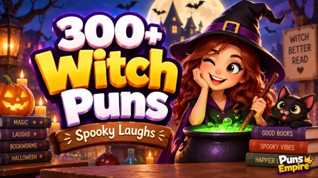 Colorful witch puns thumbnail with bold 3D text, a cheerful cartoon witch, black cat, and Puns Empire branding.