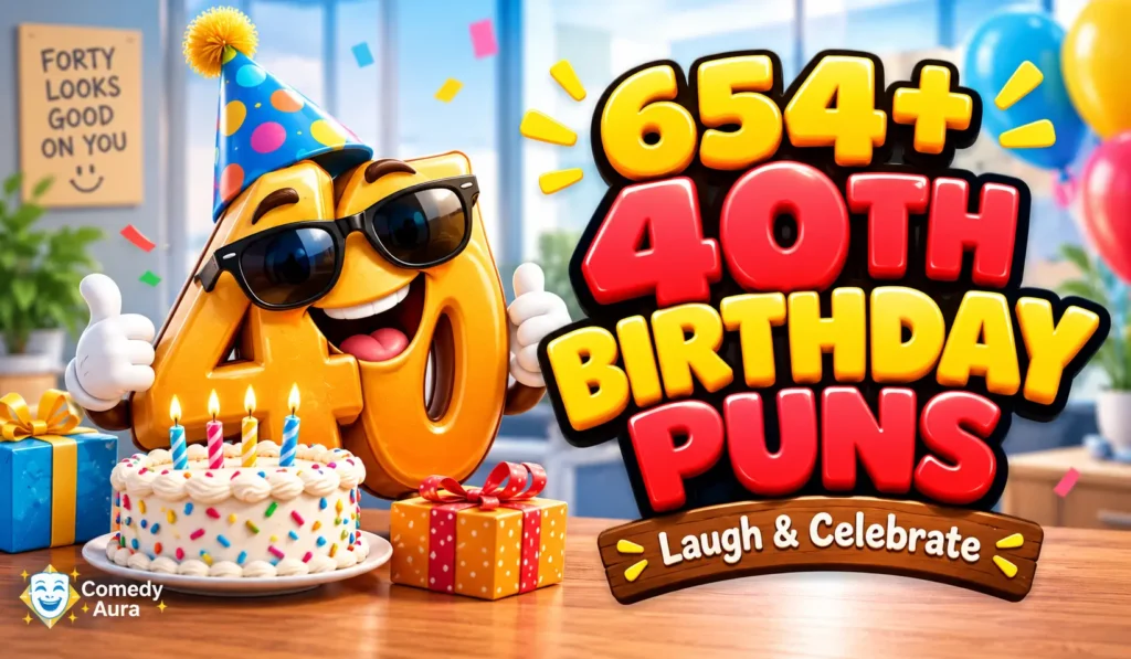 40th birthday puns thumbnail with a smiling golden number 40, birthday cake, and colorful 3D lettering.