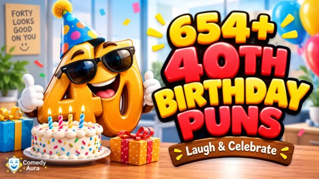 40th birthday puns thumbnail with a smiling golden number 40, birthday cake, and colorful 3D lettering.