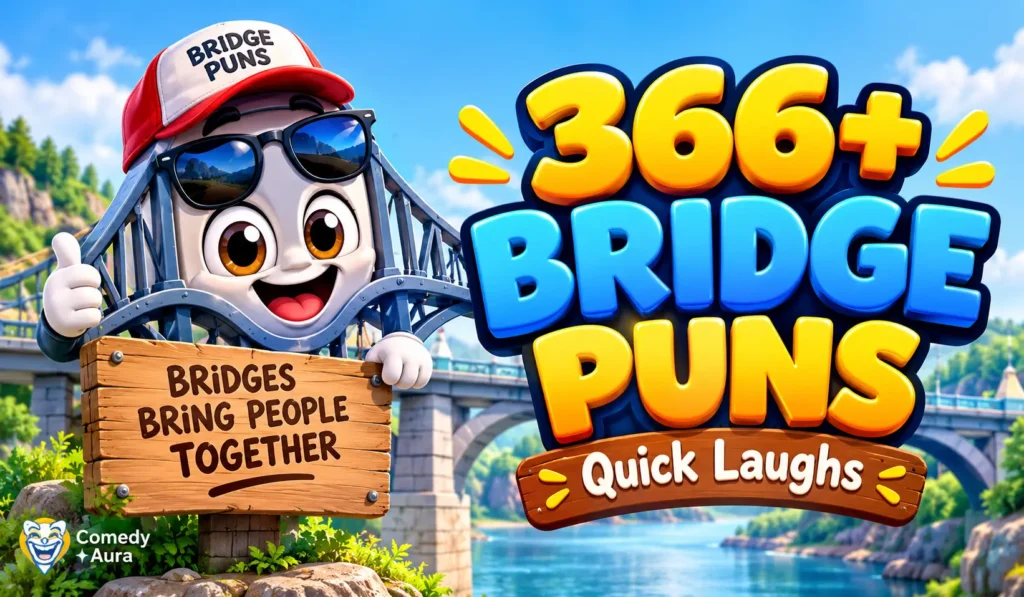 Bridge puns thumbnail with a cheerful cartoon bridge mascot, a scenic river bridge, and bold 3D lettering.