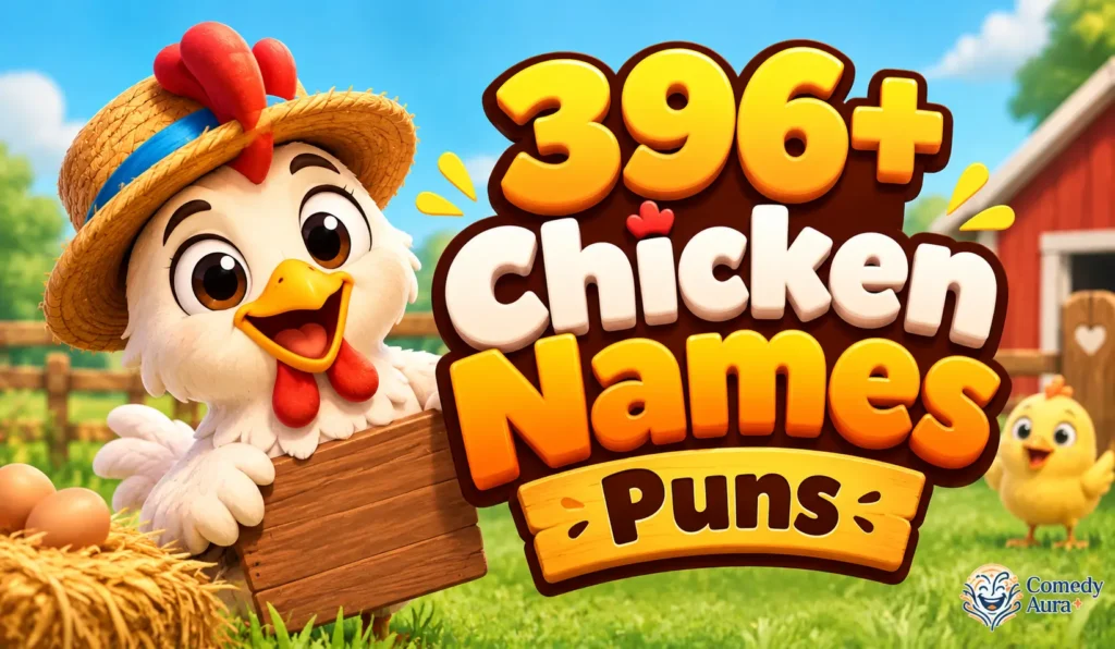 Chicken names puns thumbnail featuring a cute cartoon chicken in a straw hat with a chick on a sunny farm.