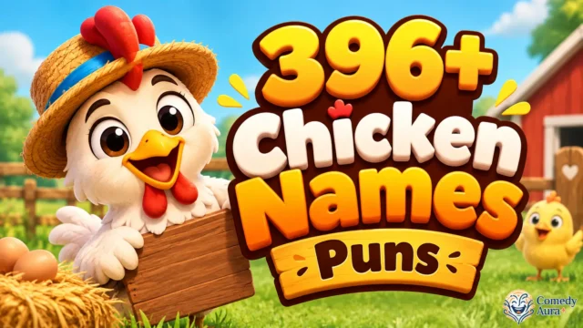 Chicken names puns thumbnail featuring a cute cartoon chicken in a straw hat with a chick on a sunny farm.