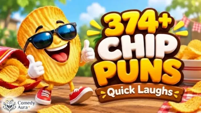 Chip puns thumbnail featuring a smiling cartoon potato chip in sunglasses beside bold 3D lettering and the Comedy Aura logo.