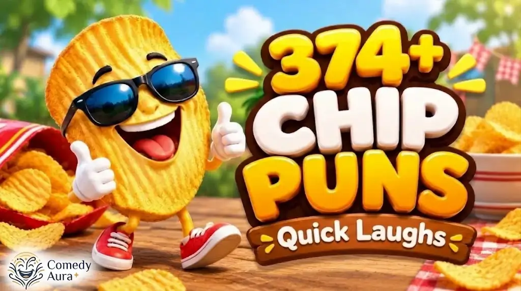 Chip puns thumbnail featuring a smiling cartoon potato chip in sunglasses beside bold 3D lettering and the Comedy Aura logo.