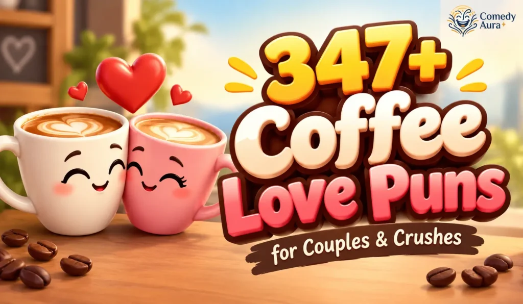 Coffee love puns thumbnail with two cute coffee mugs, hearts, and 3D text for couples and crushes.