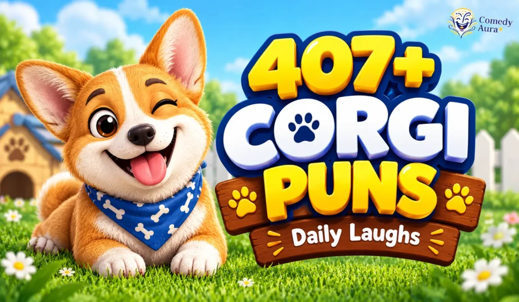 Corgi puns thumbnail featuring a happy cartoon corgi, green grass, and bold 407+ headline.