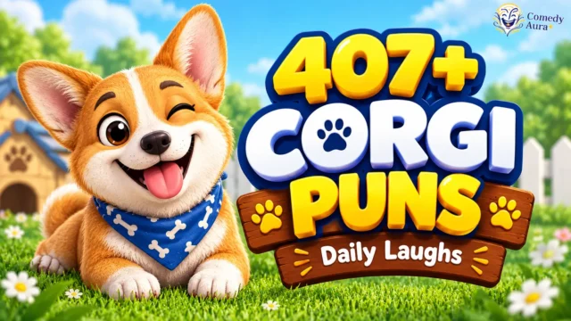 Corgi puns thumbnail featuring a happy cartoon corgi, green grass, and bold 407+ headline.