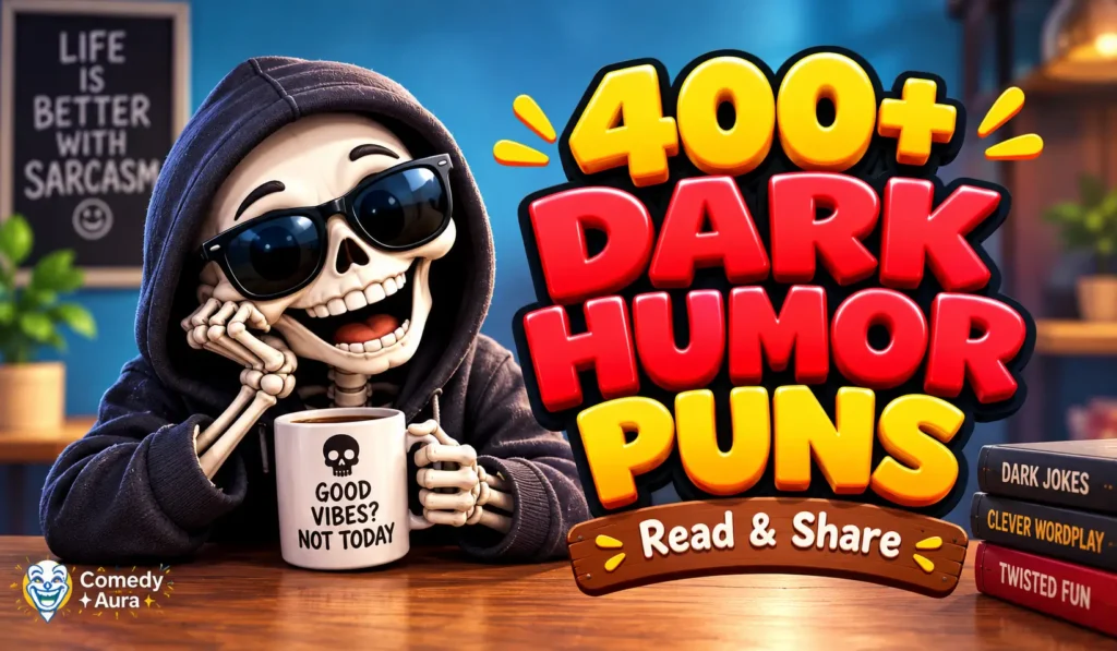 Dark humor puns thumbnail featuring a cartoon skeleton in sunglasses holding a skull mug beside bold 3D lettering.