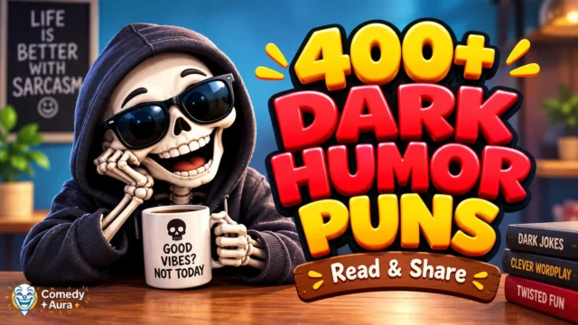 Dark humor puns thumbnail featuring a cartoon skeleton in sunglasses holding a skull mug beside bold 3D lettering.