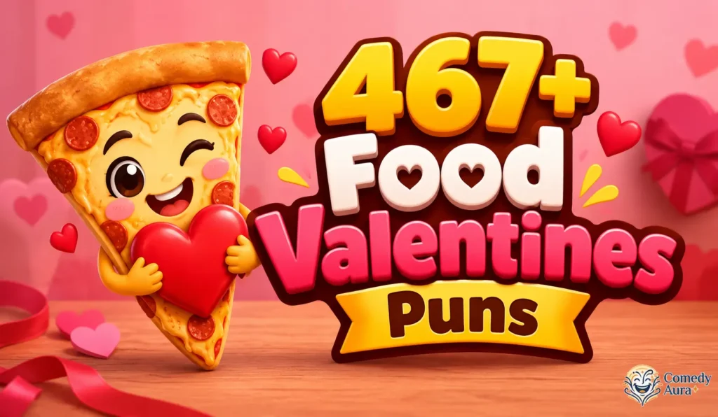 Food valentines puns thumbnail with a cute cartoon pizza holding a red heart and colorful 3D text.