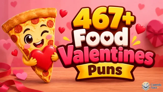 Food valentines puns thumbnail with a cute cartoon pizza holding a red heart and colorful 3D text.