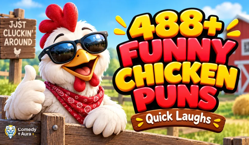 Funny chicken puns thumbnail featuring a cheerful cartoon chicken in sunglasses and a red bandana beside bold 3D lettering.