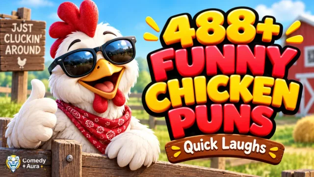 Funny chicken puns thumbnail featuring a cheerful cartoon chicken in sunglasses and a red bandana beside bold 3D lettering.