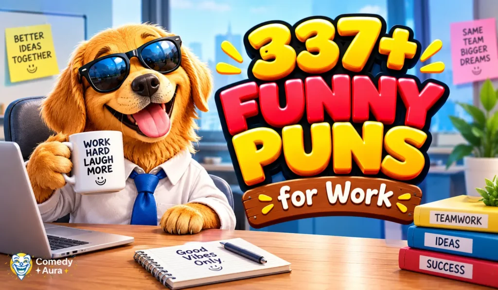 Funny puns for work thumbnail featuring a cheerful office dog in sunglasses holding a mug beside bold 3D lettering.