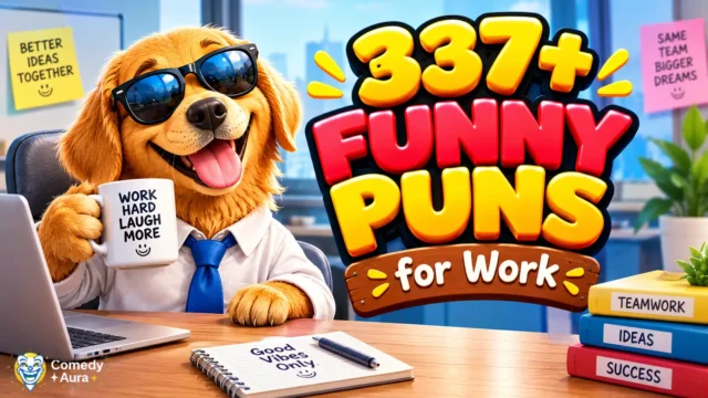 Funny puns for work thumbnail featuring a cheerful office dog in sunglasses holding a mug beside bold 3D lettering.
