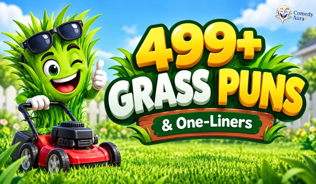 Grass puns thumbnail featuring a smiling grass mascot, lawn mower, and bold 499+ headline.