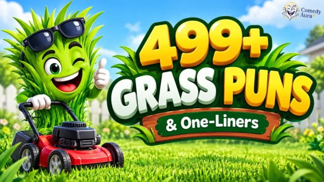 Grass puns thumbnail featuring a smiling grass mascot, lawn mower, and bold 499+ headline.