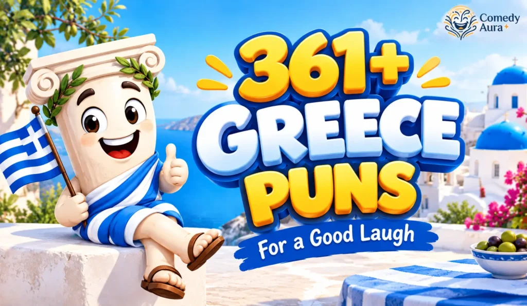 Greece puns thumbnail with a smiling Greek column mascot, Greek flag, and bold 3D text against a Santorini backdrop.