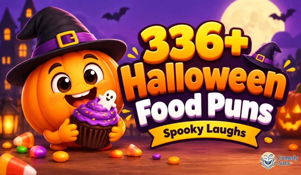 Halloween food puns thumbnail with a cute witch-hat pumpkin holding a ghost cupcake and colorful 3D lettering.