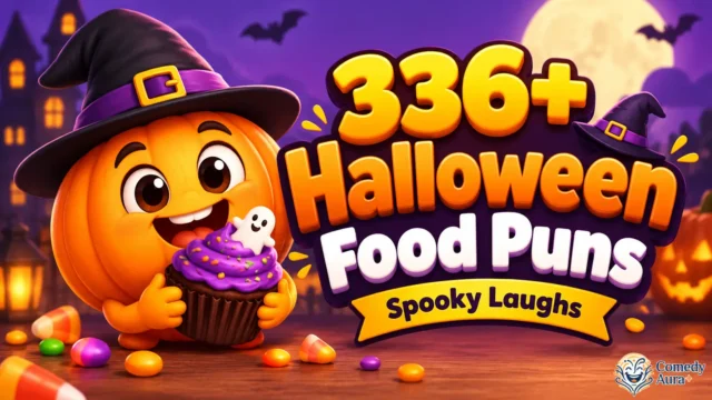 Halloween food puns thumbnail with a cute witch-hat pumpkin holding a ghost cupcake and colorful 3D lettering.