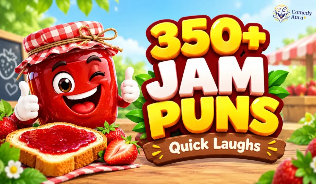 Jam puns thumbnail featuring a smiling strawberry jam jar, jam-covered toast, and bold 350+ headline.