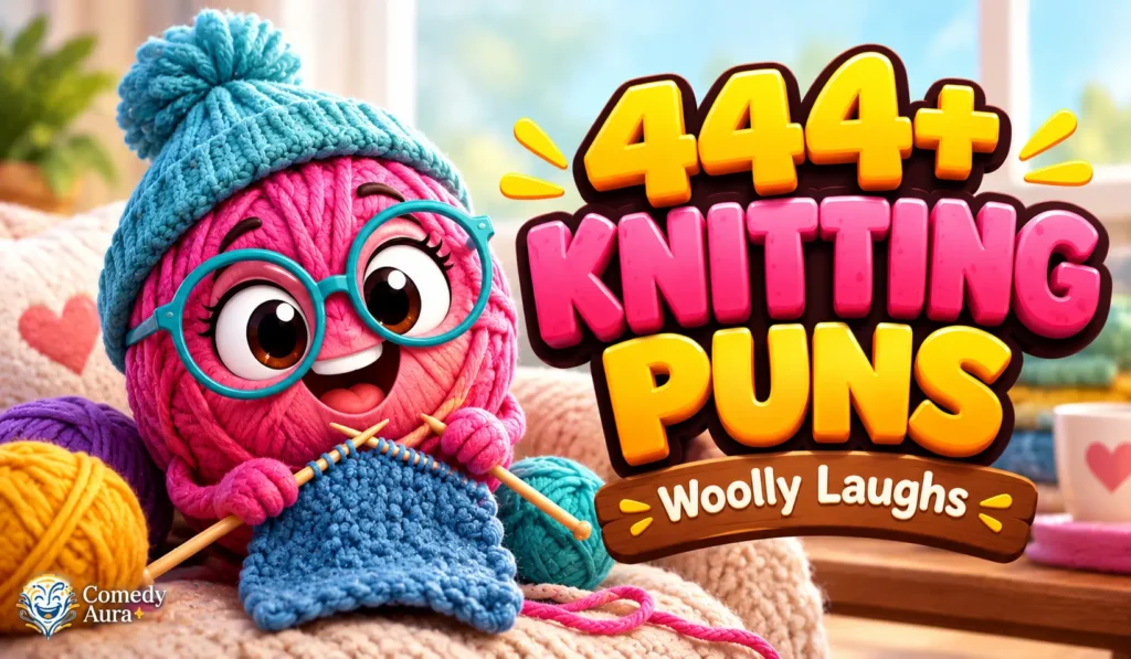 Knitting puns thumbnail featuring a cute pink yarn character knitting a blue swatch with colorful 3D lettering.