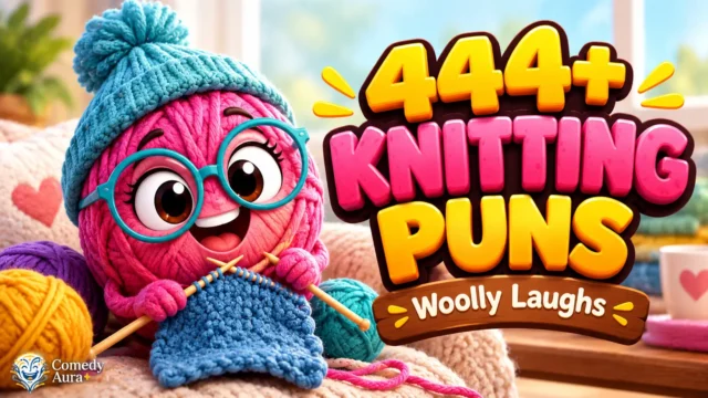 Knitting puns thumbnail featuring a cute pink yarn character knitting a blue swatch with colorful 3D lettering.