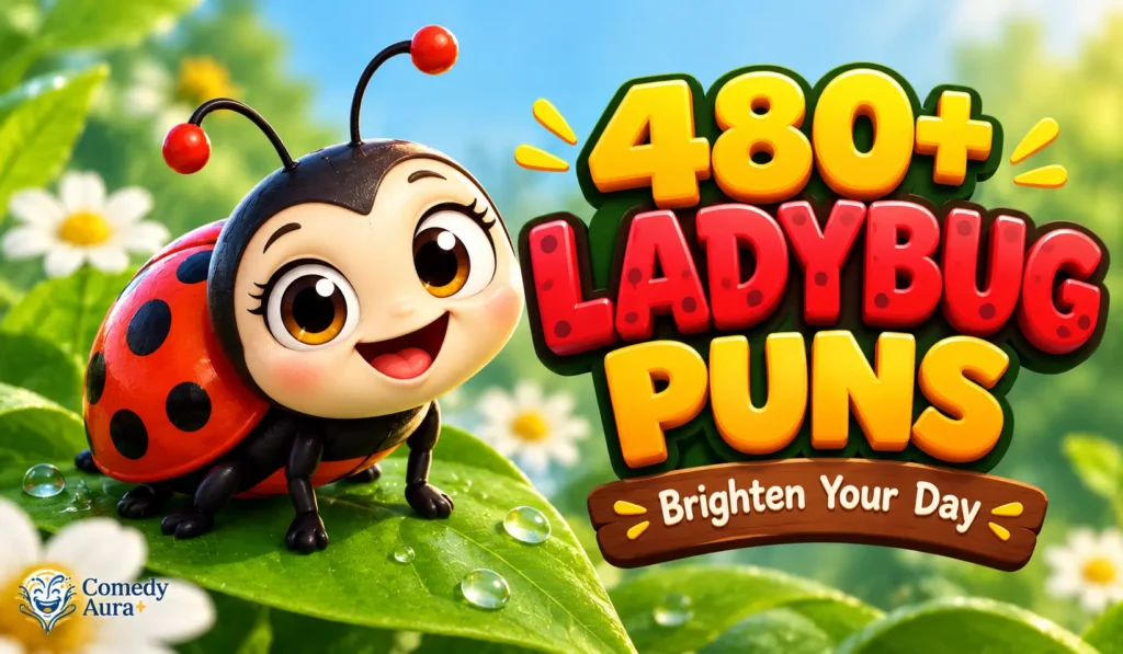 Ladybug puns thumbnail featuring a cute red-and-black cartoon ladybug, bold 3D lettering, and a green garden background.