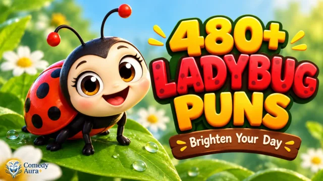 Ladybug puns thumbnail featuring a cute red-and-black cartoon ladybug, bold 3D lettering, and a green garden background.