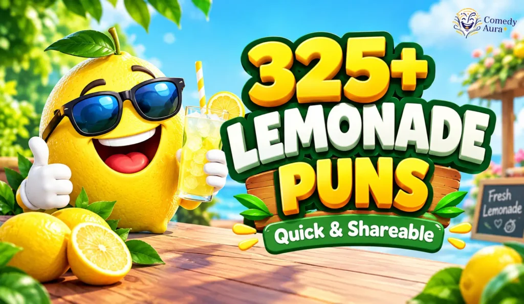 Lemonade puns thumbnail featuring a smiling lemon mascot, iced lemonade, and bold 325+ headline.