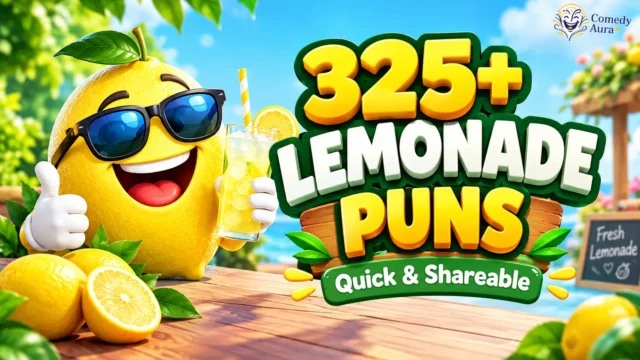 Lemonade puns thumbnail featuring a smiling lemon mascot, iced lemonade, and bold 325+ headline.
