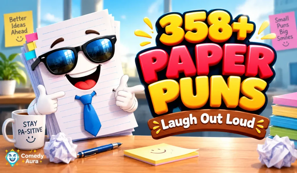 Paper puns thumbnail featuring a smiling cartoon paper stack with sunglasses beside bold 3D paper puns text.