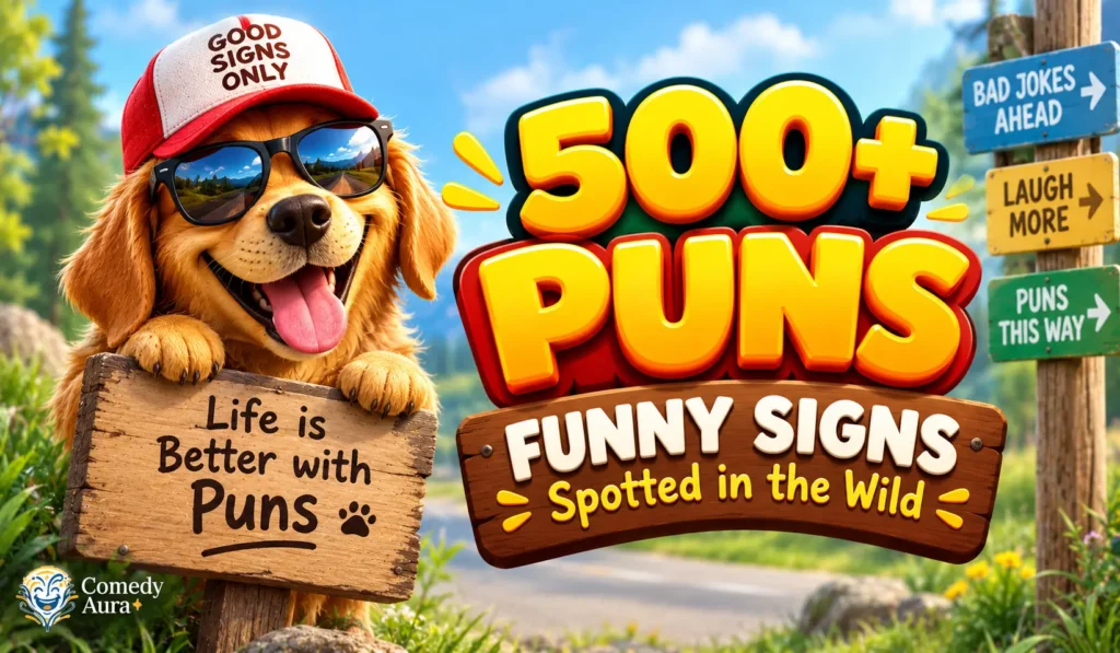 Puns funny signs thumbnail with a cheerful cartoon dog, colorful roadside signs, and bold 3D lettering.