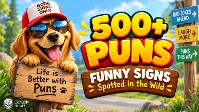 Puns funny signs thumbnail with a cheerful cartoon dog, colorful roadside signs, and bold 3D lettering.
