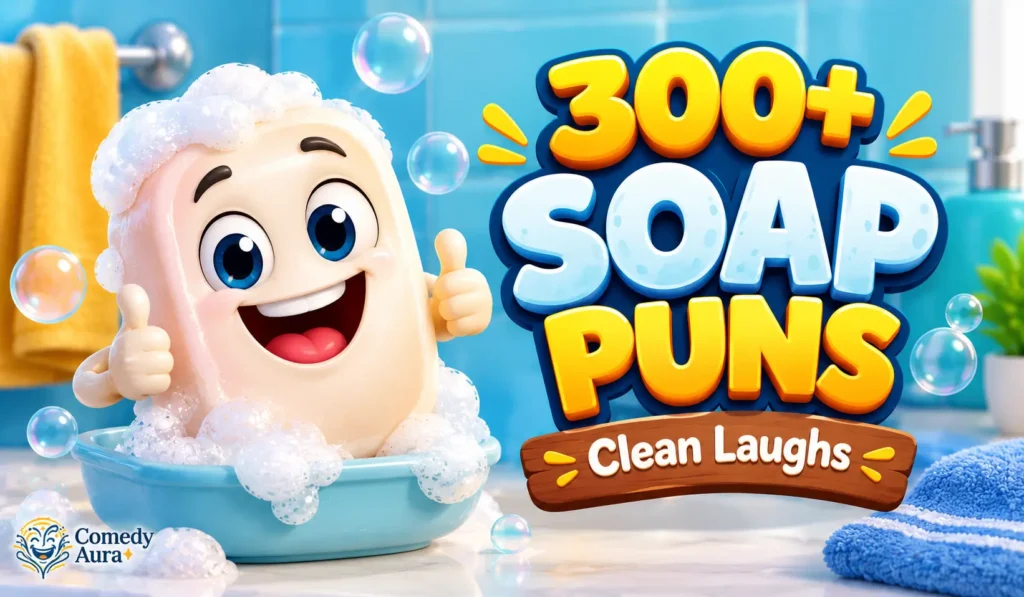 Soap puns thumbnail featuring a cheerful cartoon soap bar, colorful 3D text, bubbles, and Comedy Aura branding.