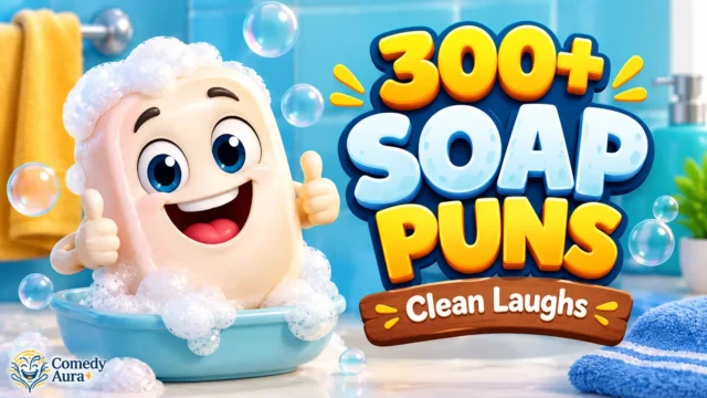 Soap puns thumbnail featuring a cheerful cartoon soap bar, colorful 3D text, bubbles, and Comedy Aura branding.