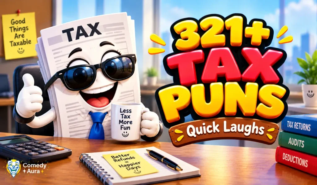 Tax puns thumbnail featuring a smiling cartoon tax form in sunglasses, a calculator, and bold 3D tax puns lettering.