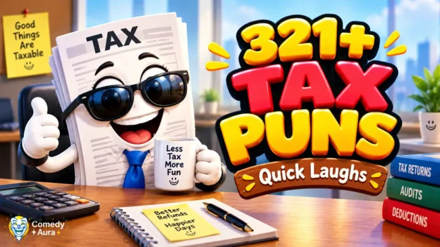 Tax puns thumbnail featuring a smiling cartoon tax form in sunglasses, a calculator, and bold 3D tax puns lettering.
