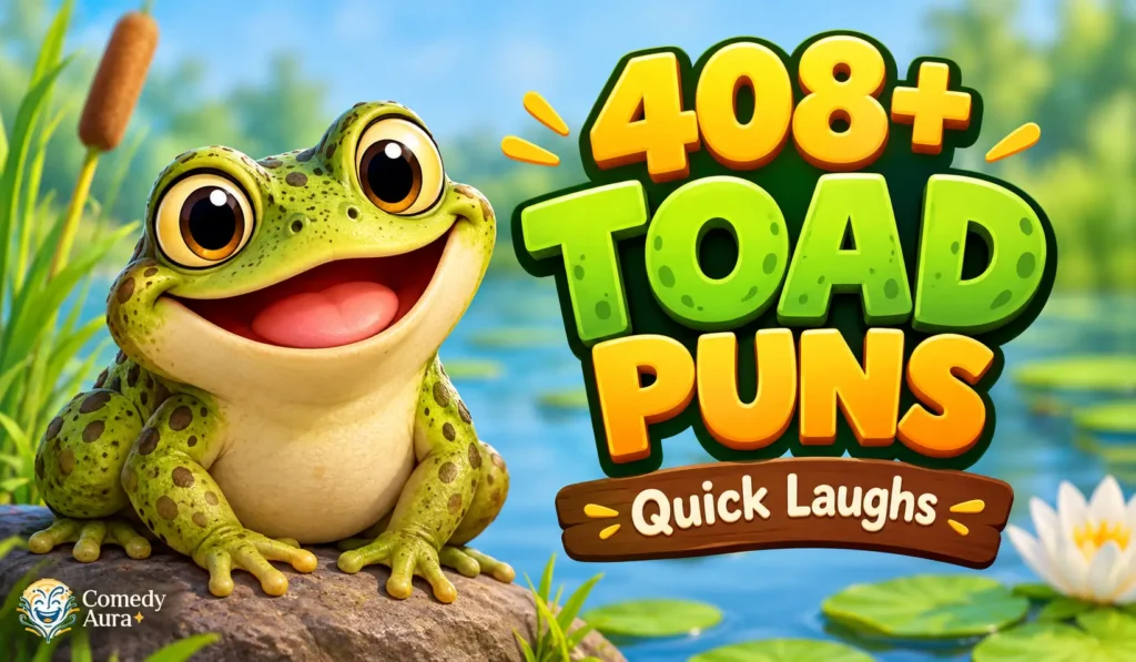 408+ toad puns thumbnail featuring a cute cartoon green toad beside bold colorful text and a Comedy Aura watermark.